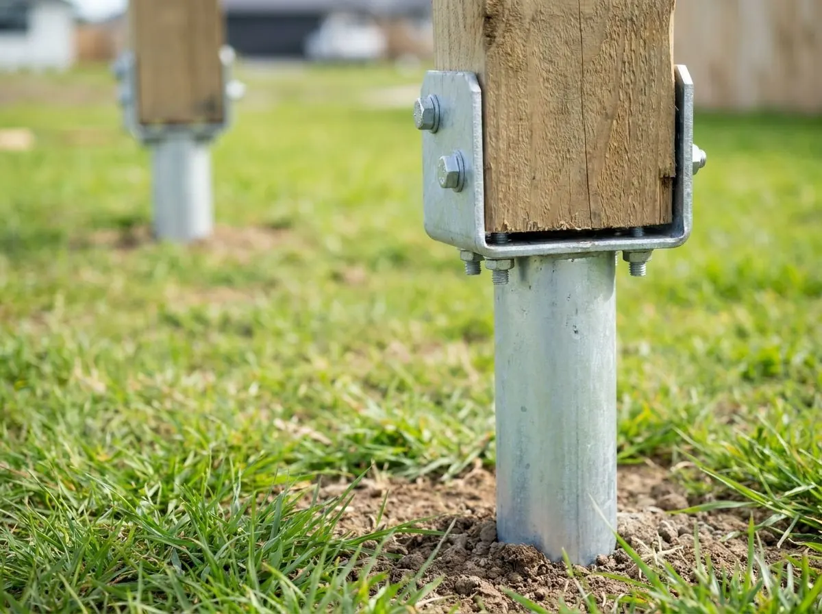 A galvanized U-shaped saddle bracket on a steel pile head holding a six by six timber post.