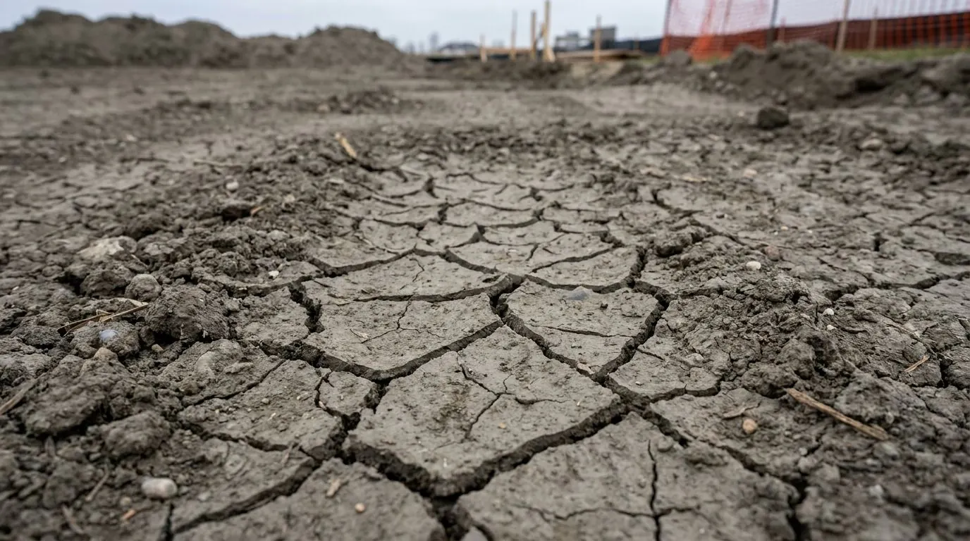 Bare heavy clay soil showing a deep network of shrinkage cracks after a dry spell.