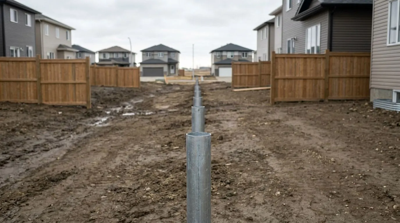 Five galvanized pile heads standing in a rectangular deck layout on the bare graded back yard of a new two-storey home.