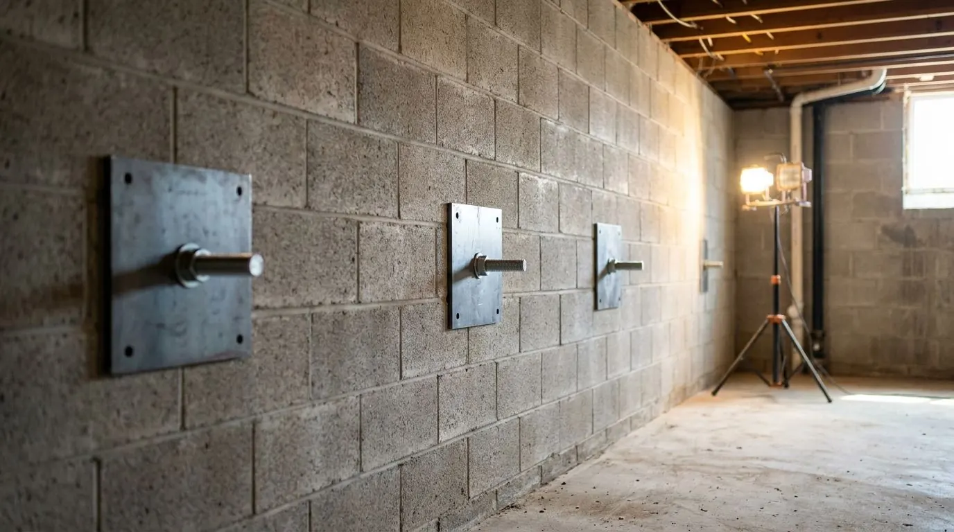 Three steel wall plates spaced evenly along an unfinished basement wall, each secured by a single nut on a short threaded stub.