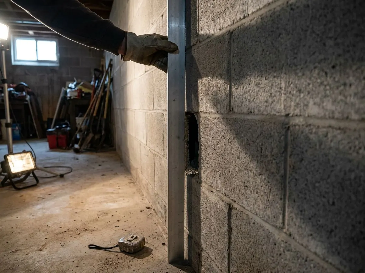 A long aluminium straightedge held vertically against a concrete block basement wall, with a clear gap between the straightedge and the wall at mid-height.