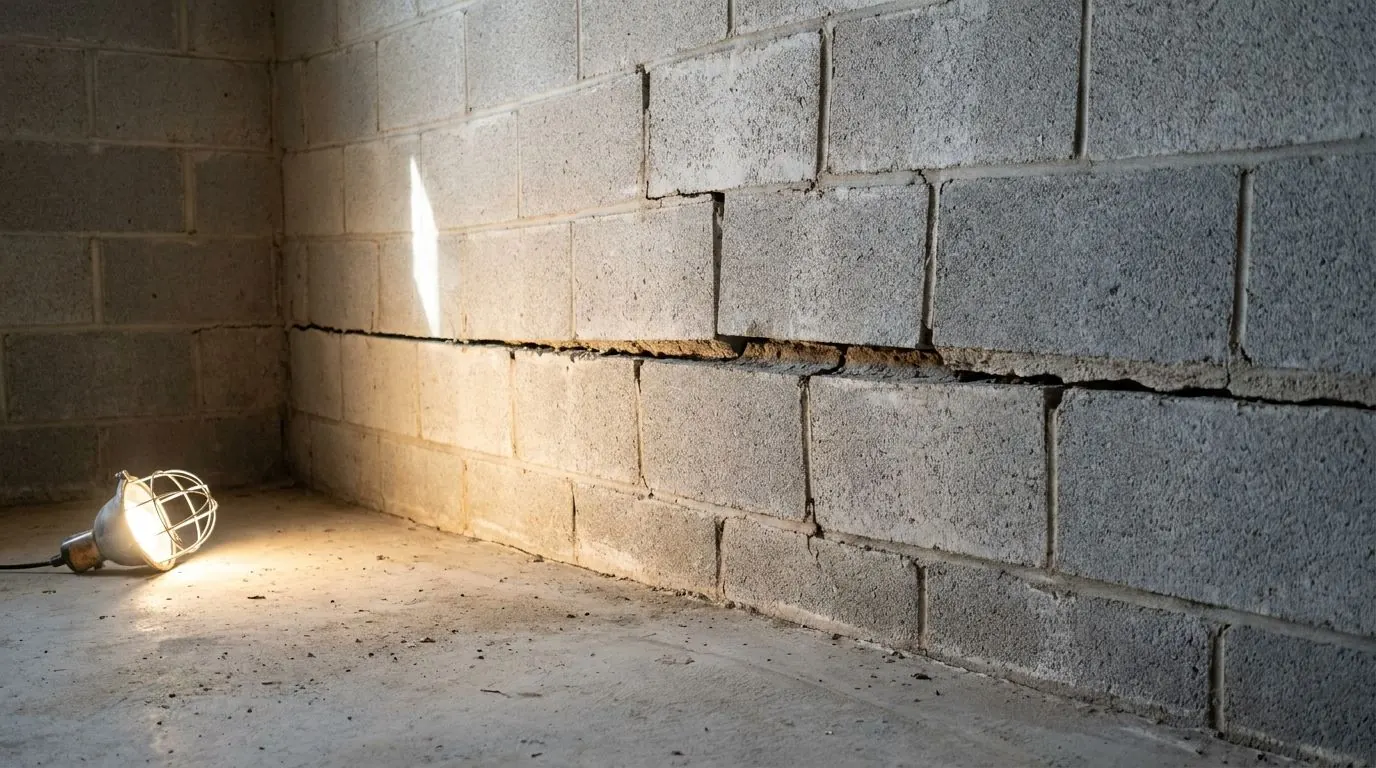 A long horizontal crack running along a mortar joint near mid-height of a concrete block basement wall, with the courses above sitting slightly proud of those below.
