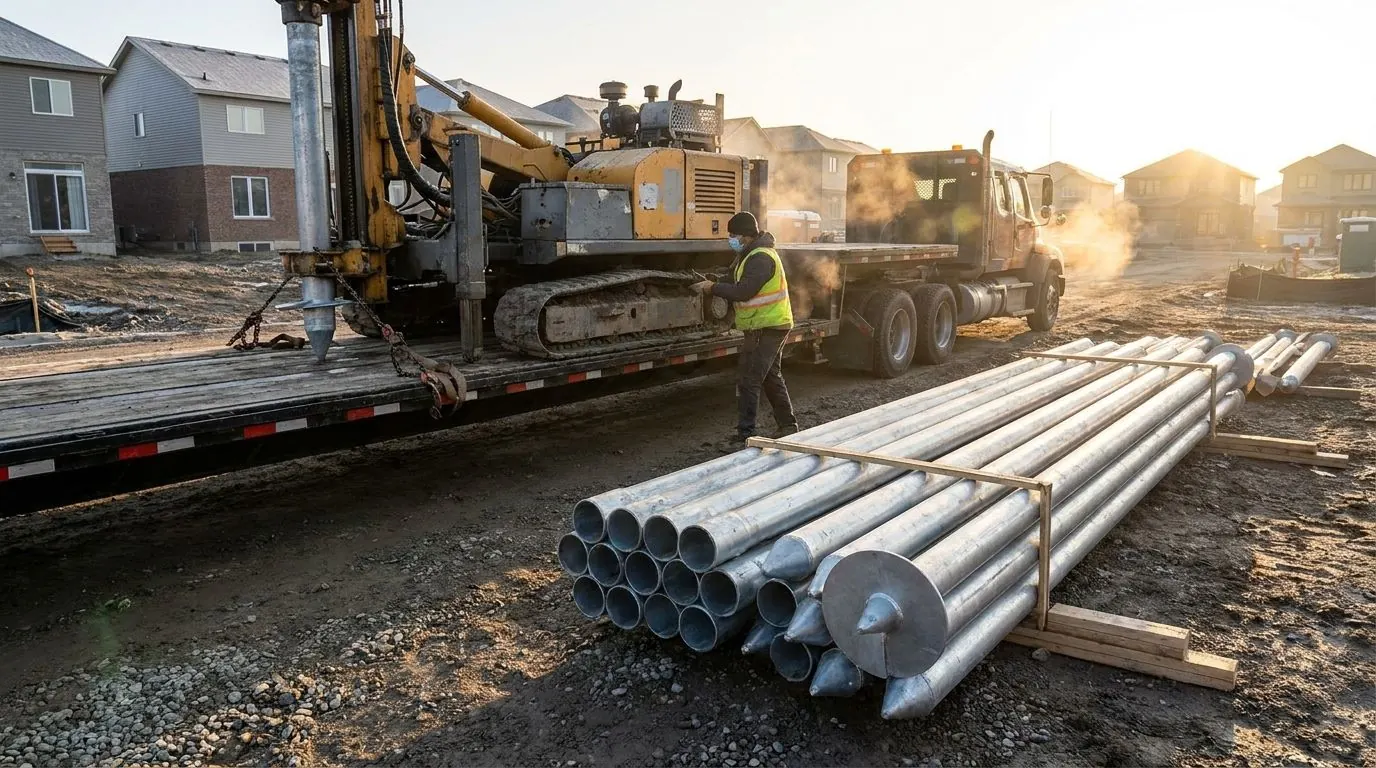 A compact tracked pile rig being unloaded from a flat-deck trailer at first light, with bundles of galvanized pile shafts stacked nearby.