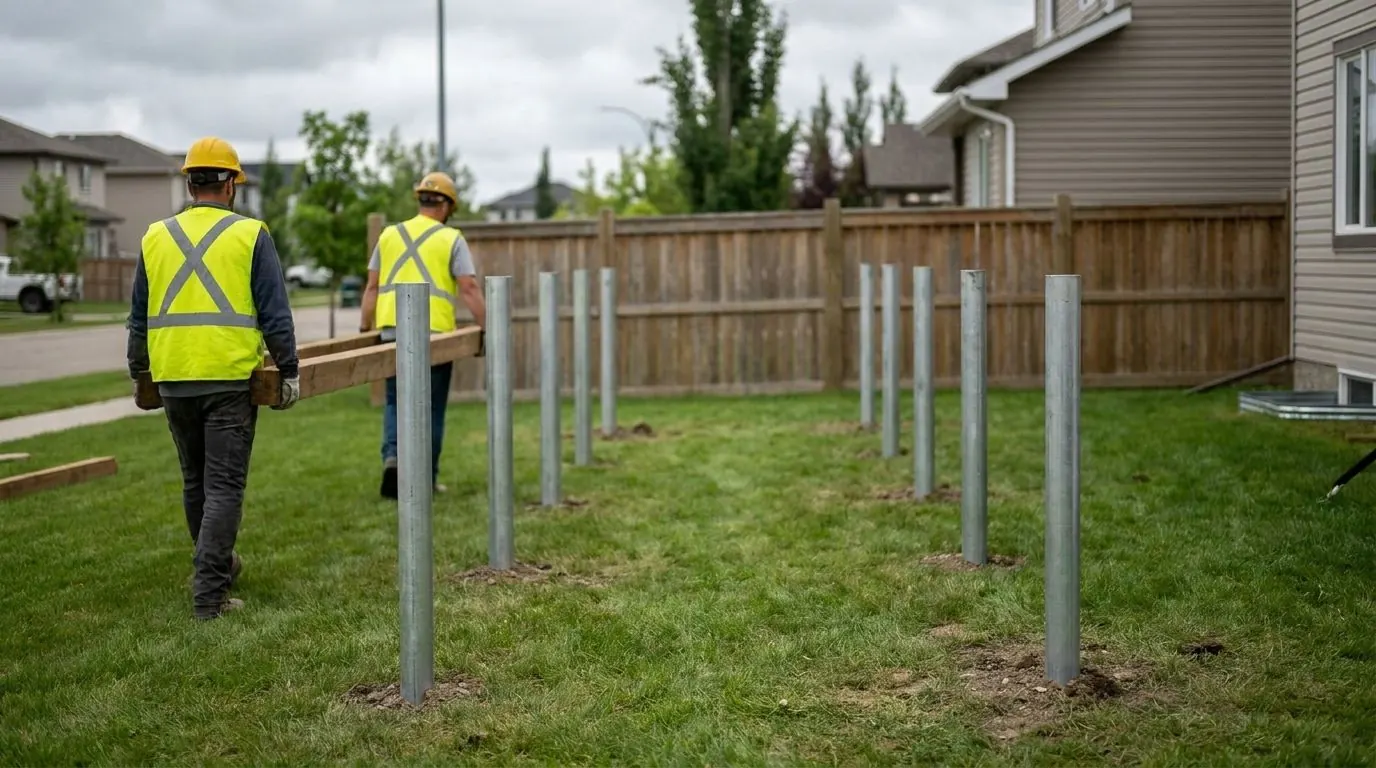 Two workers in hi-vis vests and hard hats carry a timber beam toward a row of installed galvanized pile heads in a back yard.