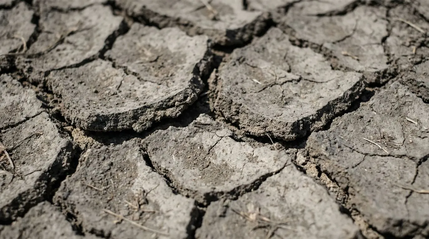 A deep polygonal network of shrinkage cracks opening across a surface of dried grey-brown clay soil in harsh summer light.