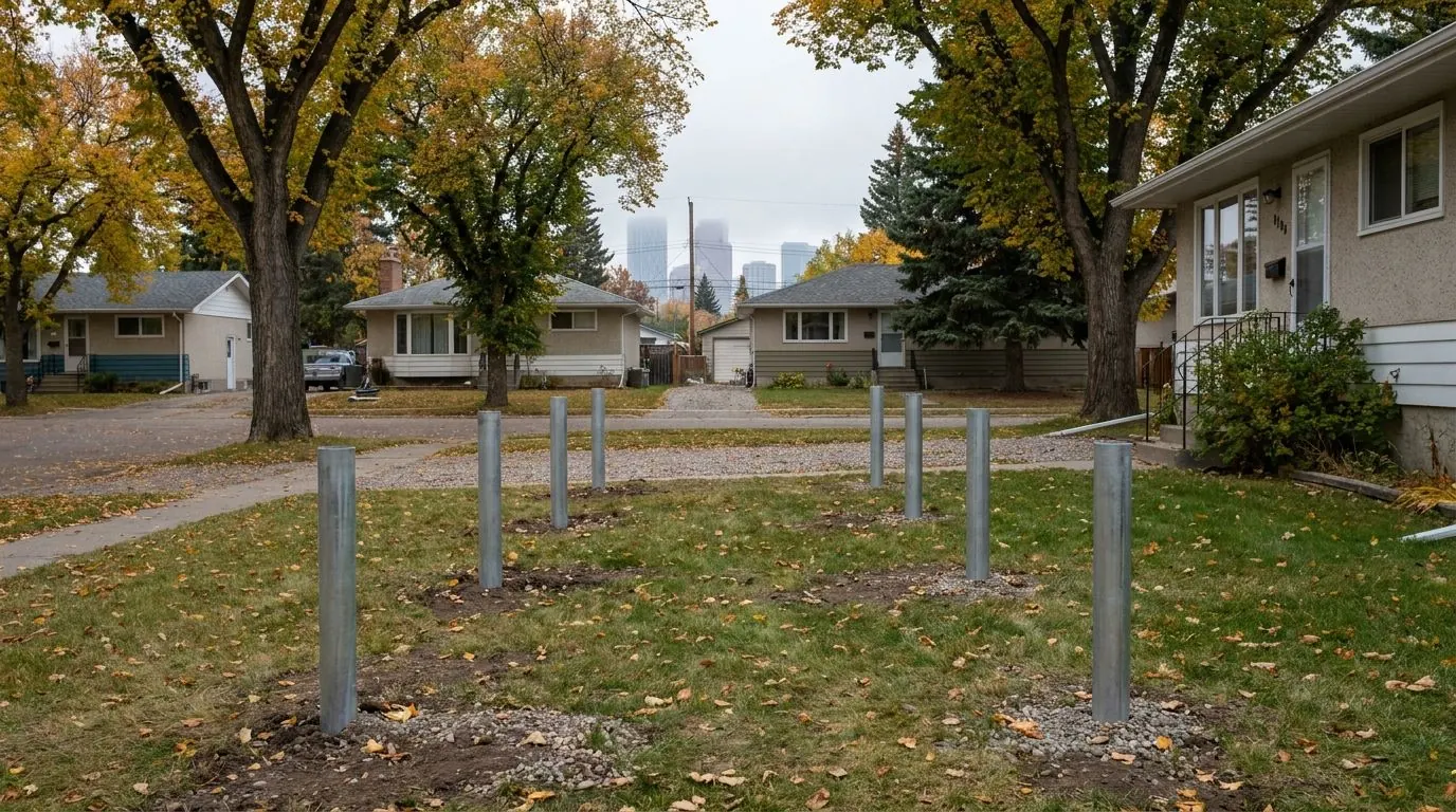 A Calgary street of post-war bungalows with mature trees and the downtown skyline hazy in the distance.