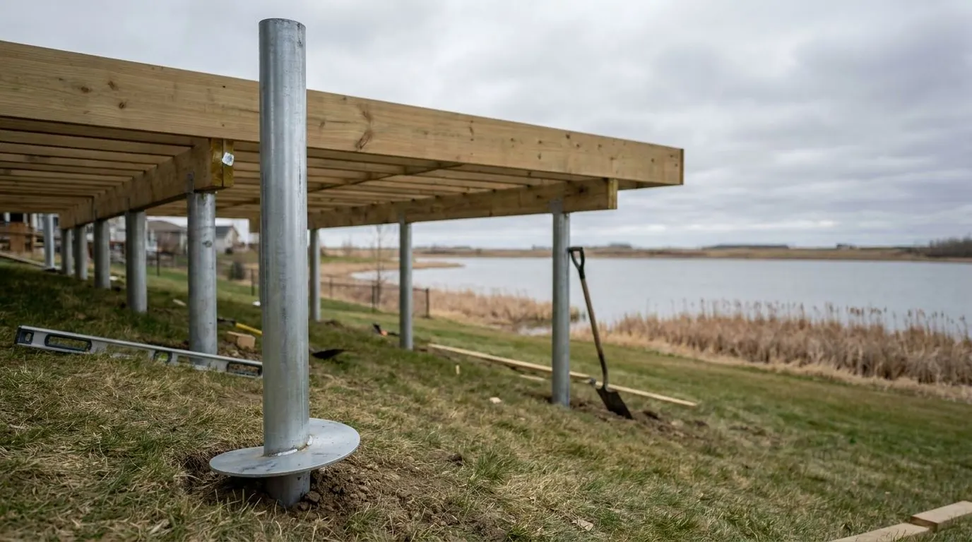 A timber deck frame carried on four widely spaced steel piles in a yard sloping gently toward a reed-fringed prairie lake.