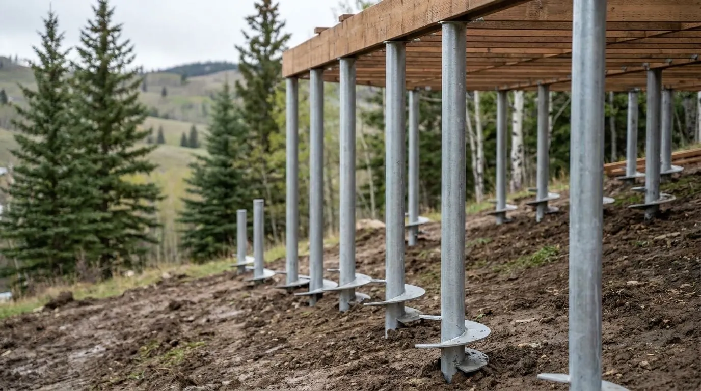 Steel piles of differing exposed heights stepping down a sloping yard to support a deck frame.