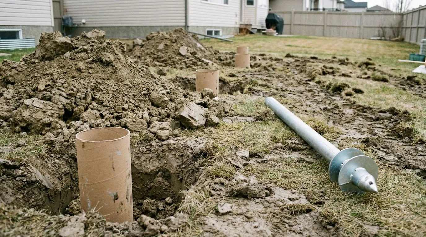 Cardboard forming tubes standing in excavated holes with a spoil pile of dirt heaped beside them.