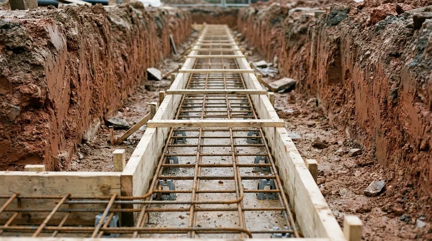 Timber formwork for a concrete strip footing in an excavated trench, with steel reinforcing bar tied in a grid inside it.