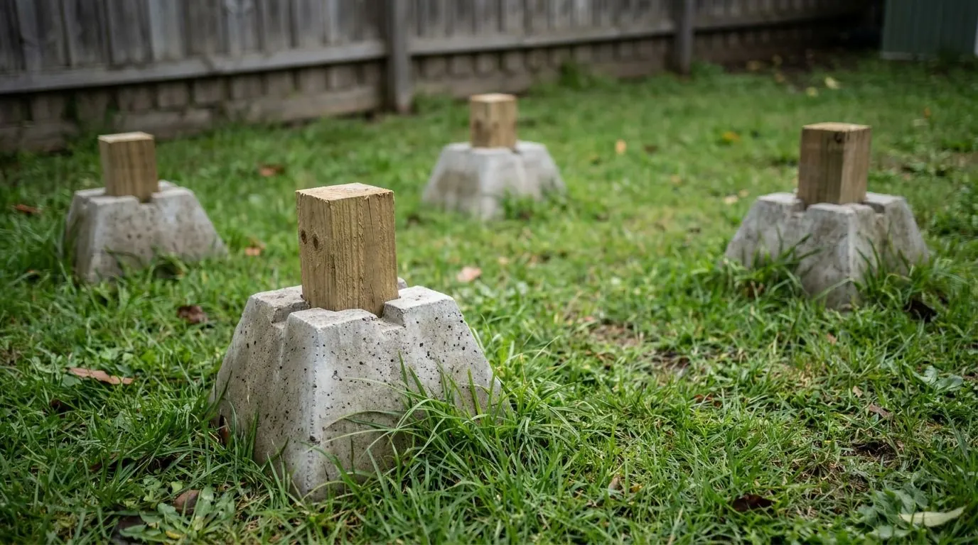 Four pyramid-shaped precast concrete deck blocks sitting directly on a lawn, each with a short timber post seated in the slot on top.