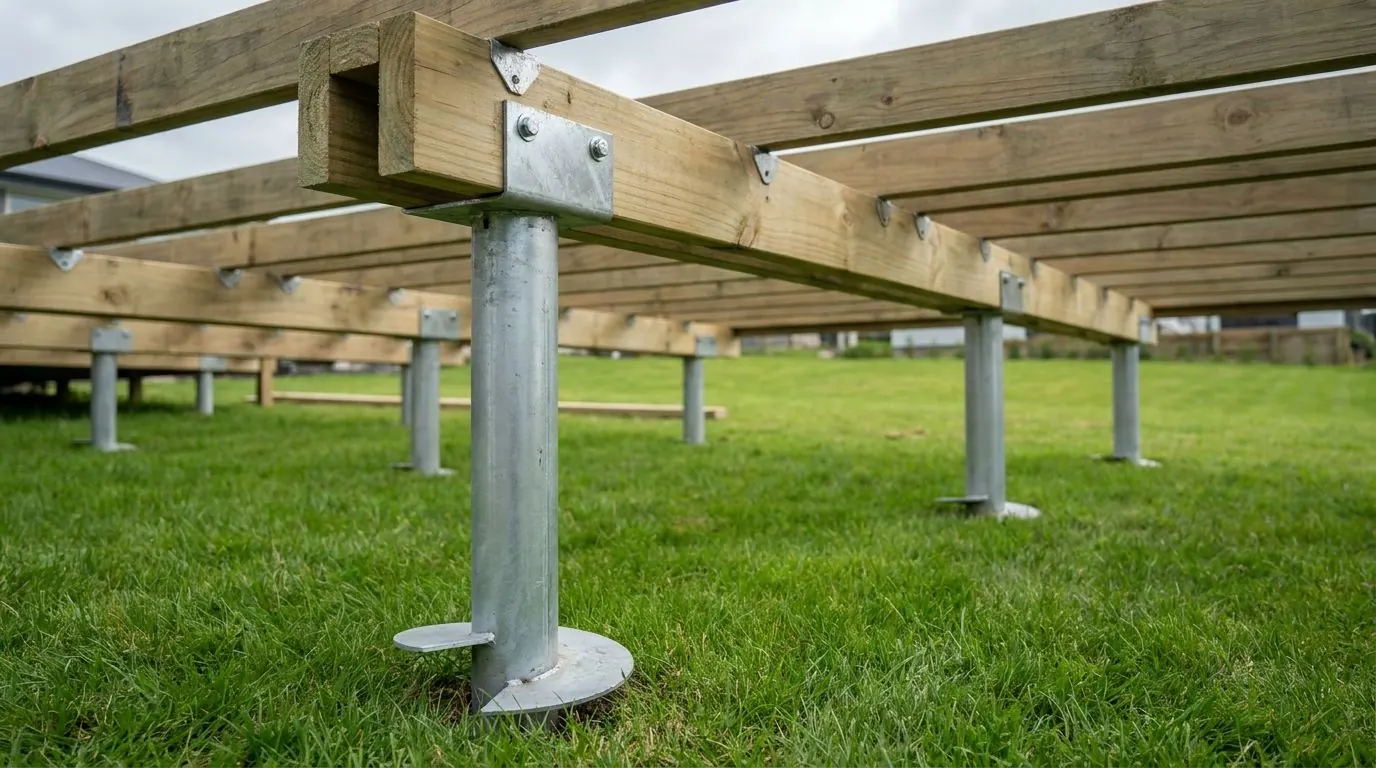 Fresh timber deck beams and joists bolted onto galvanized steel pile brackets above an intact lawn.