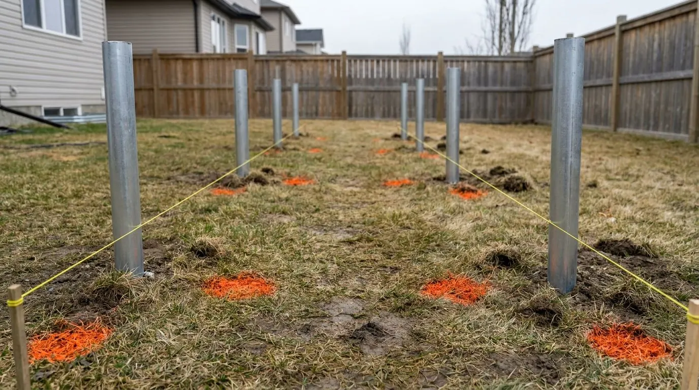 Taut mason string lines pegged across a back lawn, with bright orange paint dots marking six widely spaced pile positions in two rows.