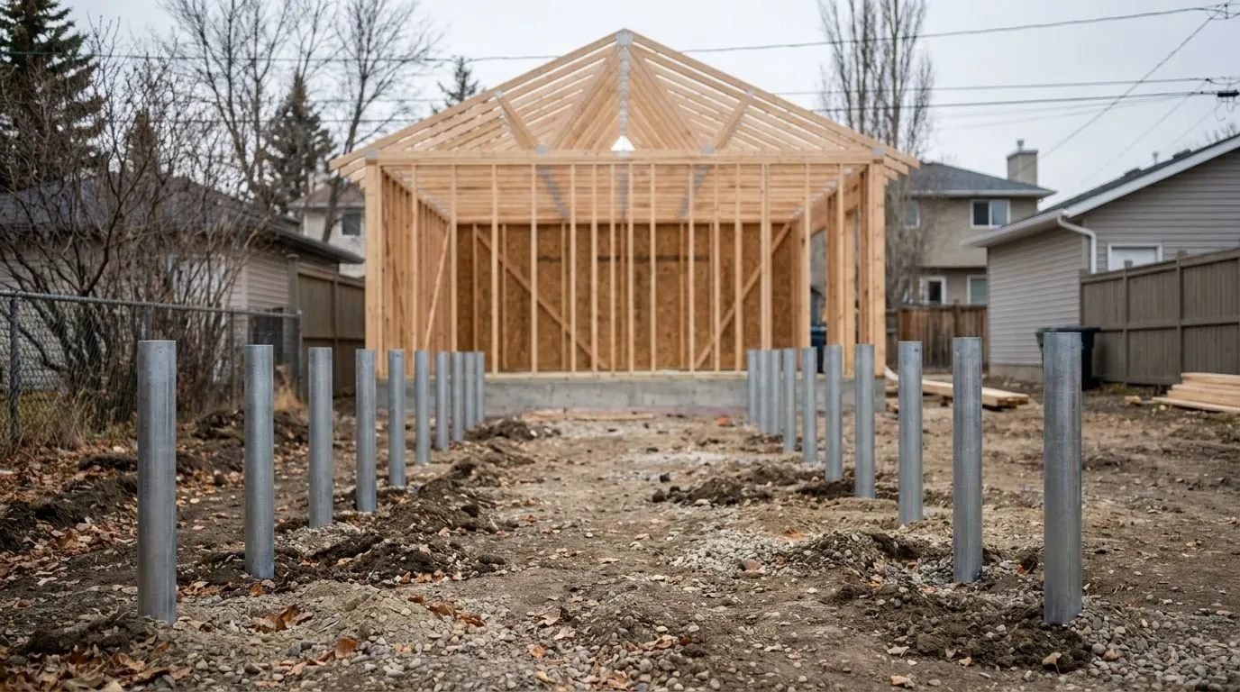 A newly framed detached garage, wall frames and roof trusses set, standing on a concrete grade beam with a back alley and bare trees behind.