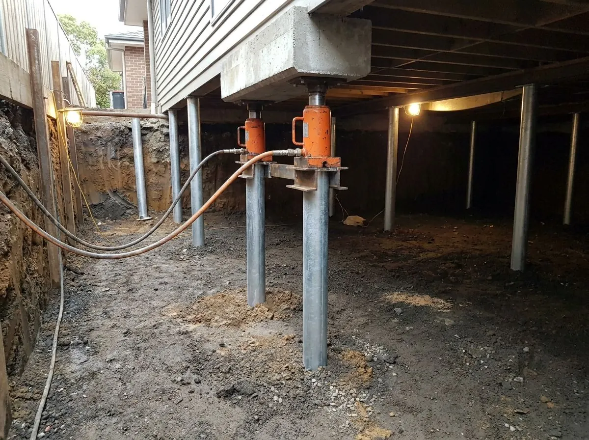 Hydraulic rams mounted on steel pile brackets positioned to lift a settled concrete footing.