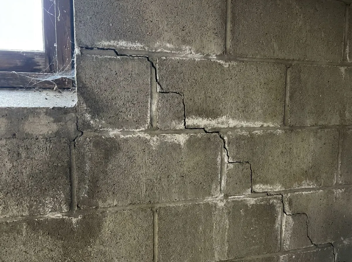 Diagonal stair-step cracking running through the mortar joints of a concrete block foundation wall.