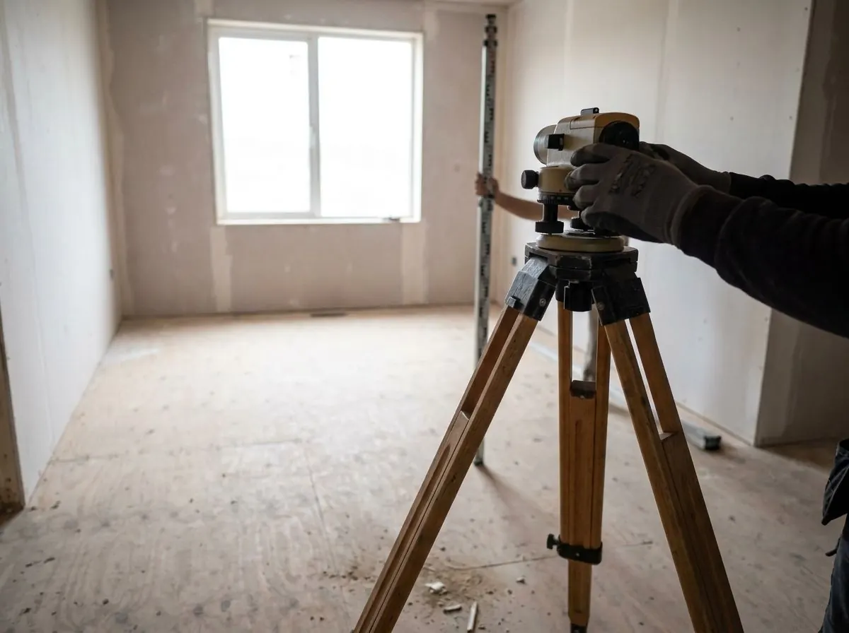 An optical level on a tripod and a levelling staff set up on a bare subfloor in an empty room to measure differential floor elevation.