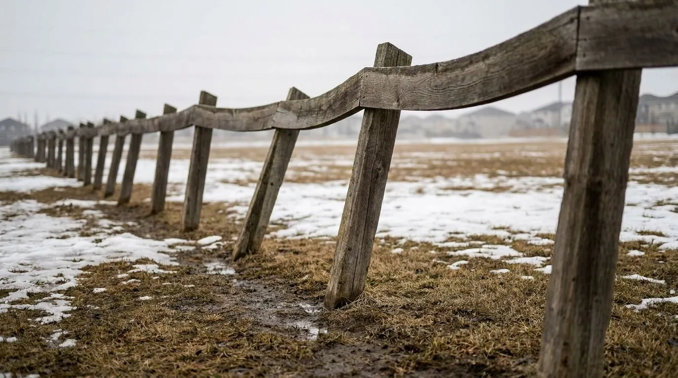 A wooden fence line running visibly wavy where posts have been lifted unevenly by frost heave.