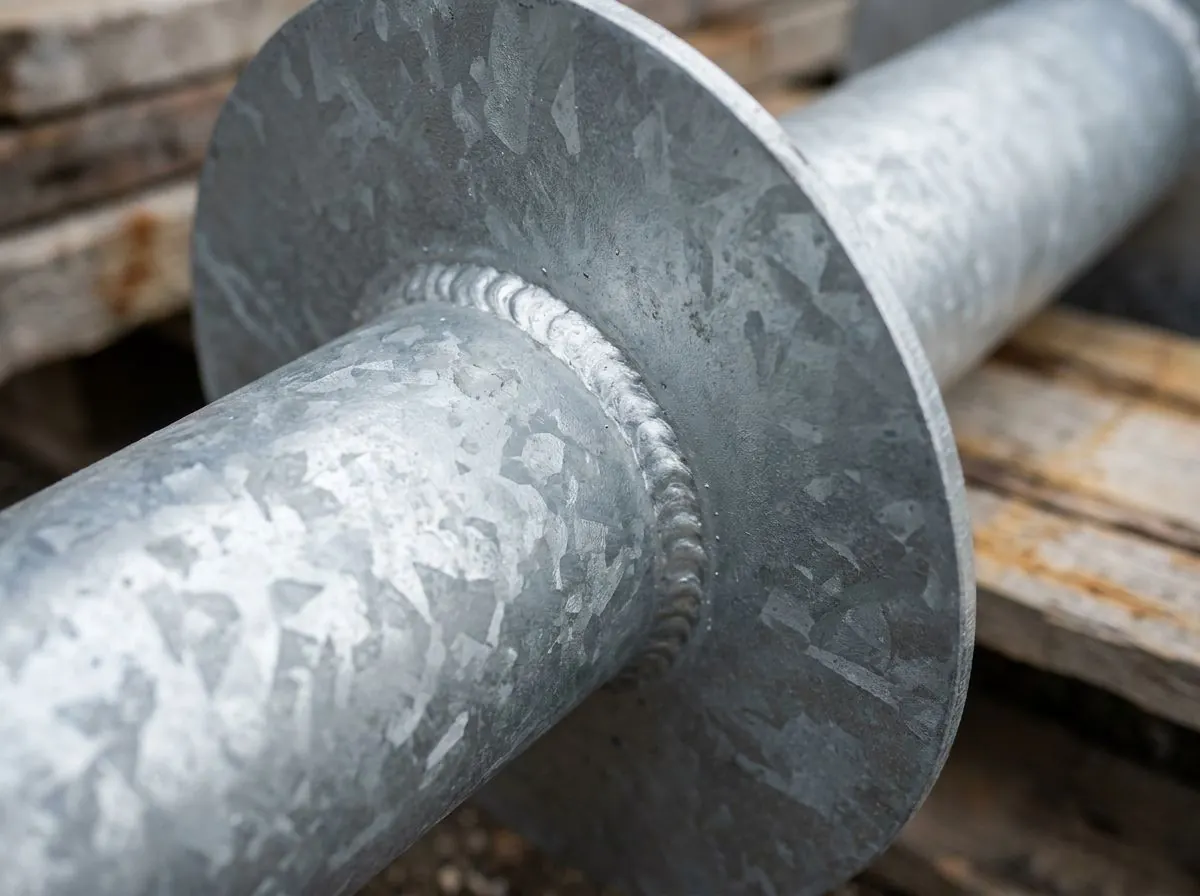 Close detail of the crystalline zinc spangle on a galvanized pile shaft and the clean weld seam where the helix plate joins it.