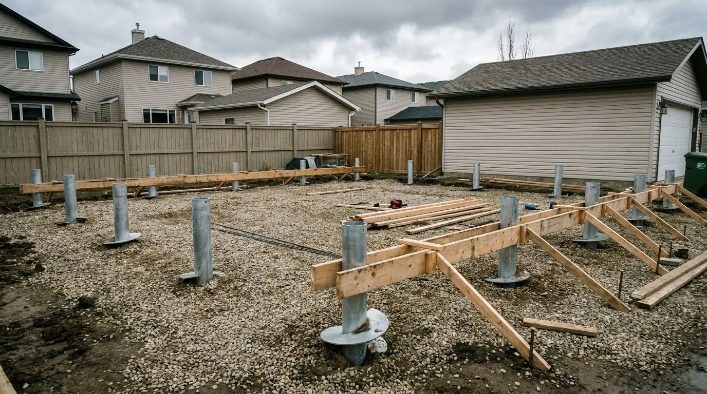 Eight galvanized pile heads spaced around a gravel garage footprint, with timber formwork for a concrete grade beam going up between them.