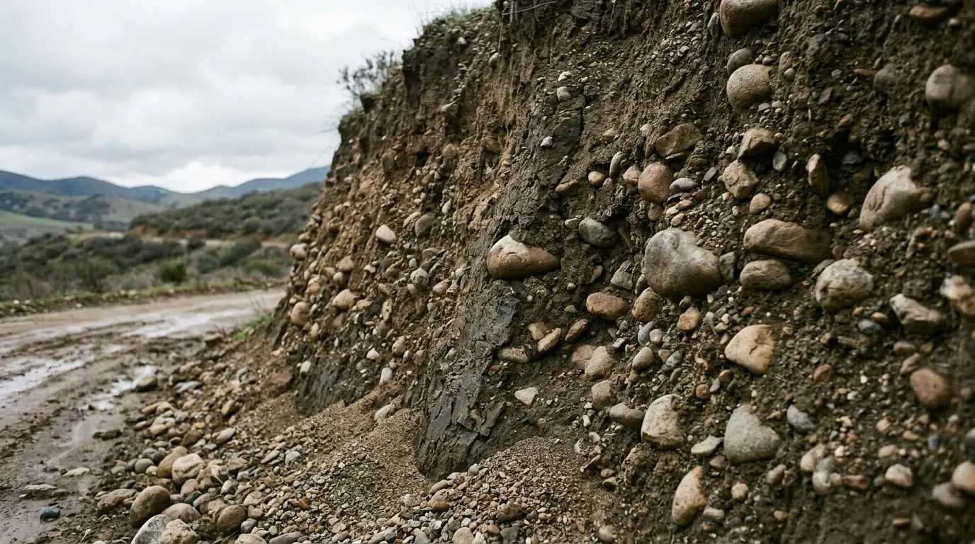 Large rounded cobbles and dense glacial till exposed in a cut soil face west of Calgary.