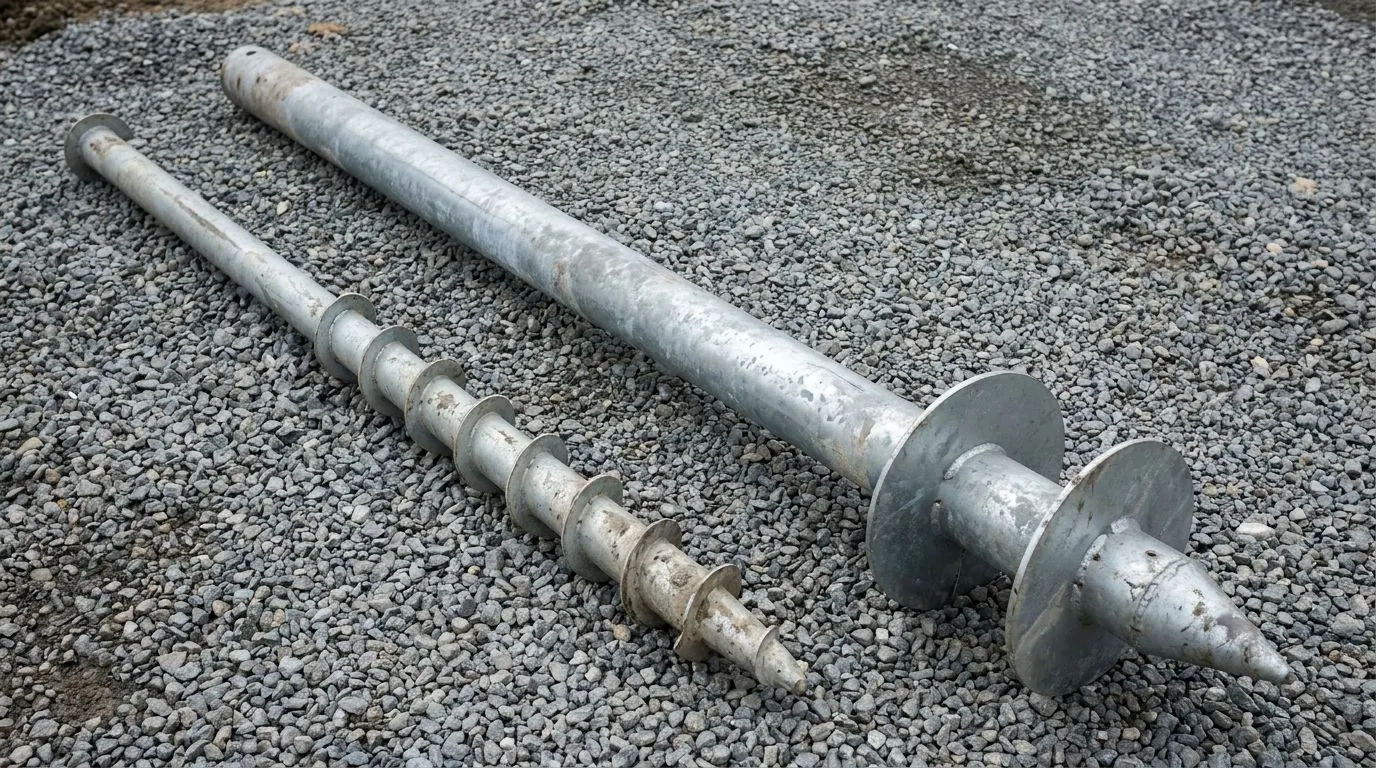 A short light-duty ground screw laid on gravel beside a much longer, heavier engineered helical pile, the difference in scale obvious.