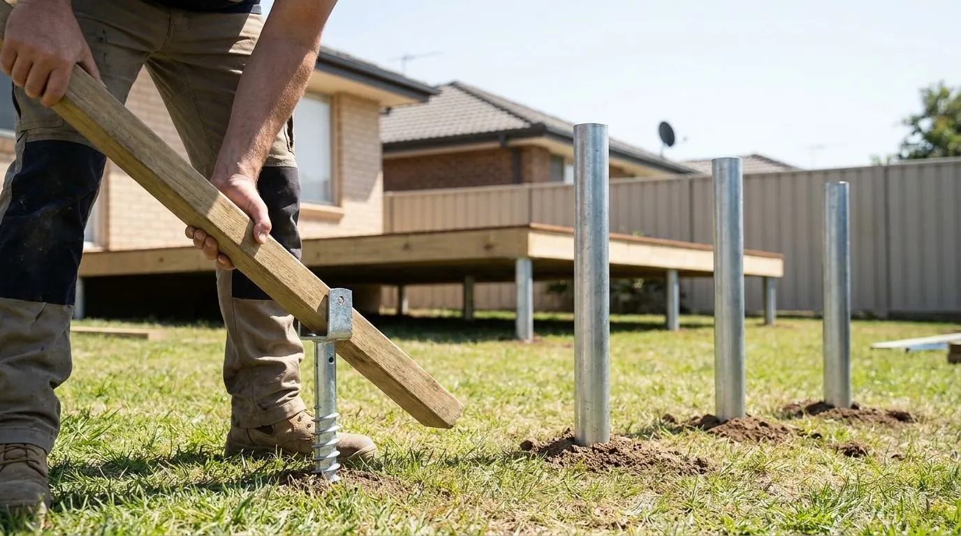 A length of timber used as a lever to turn a small ground screw into a lawn by hand.
