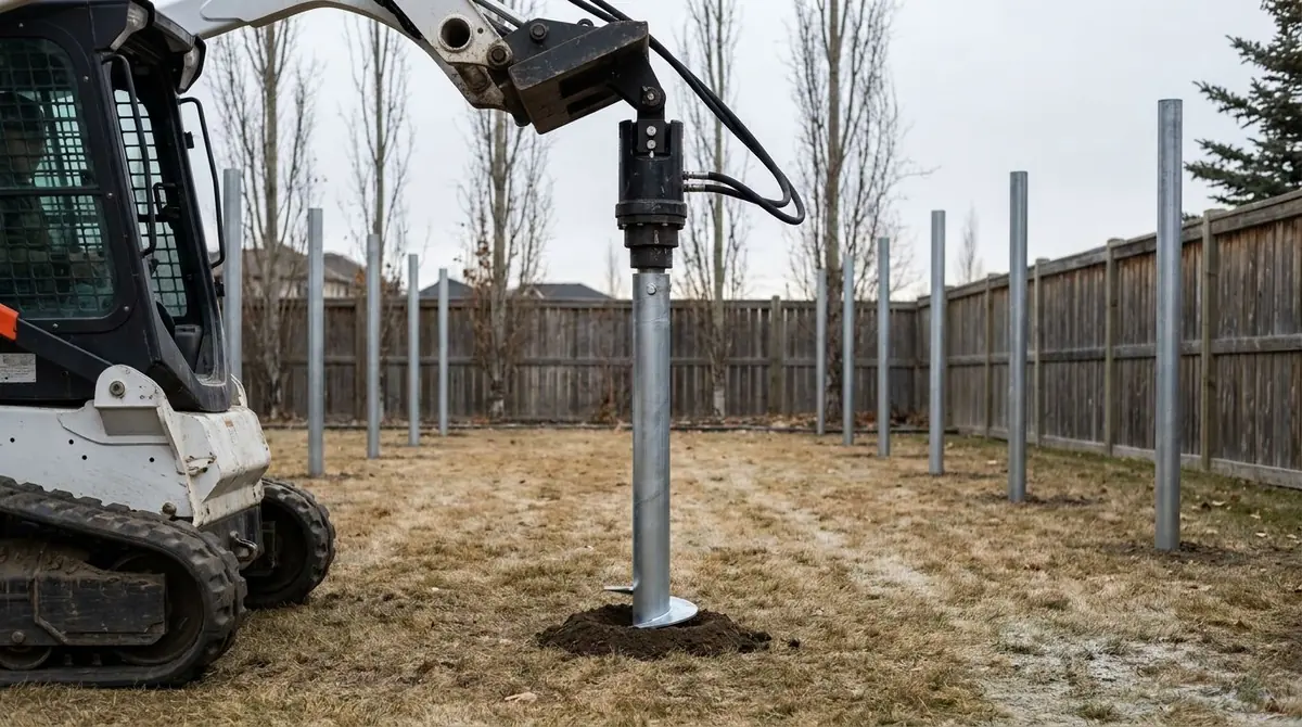A tracked skid steer drives a galvanized steel helical pile into the ground beside a wooden fence, with undisturbed lawn around the pile head.