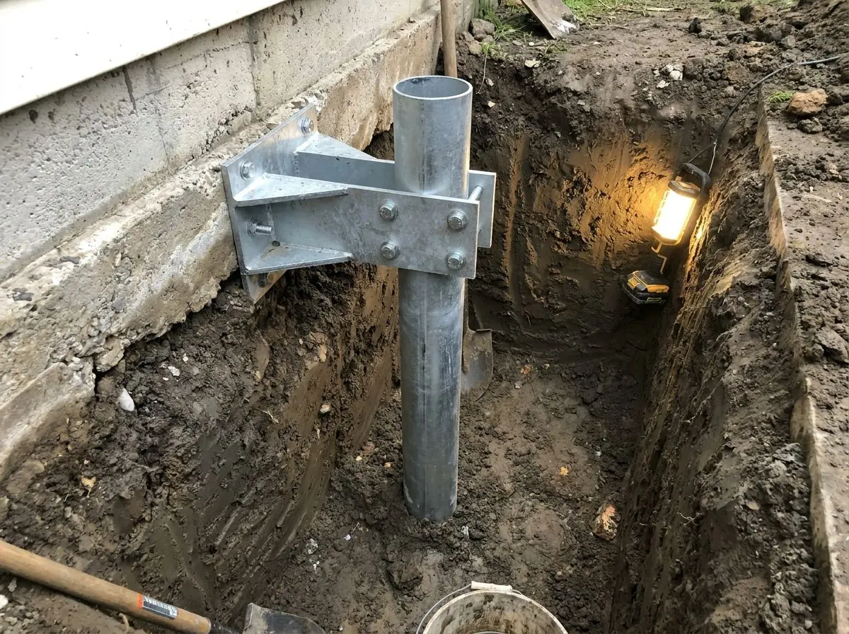 A heavy steel underpinning bracket bolted beneath an existing concrete footing in an excavated pit.