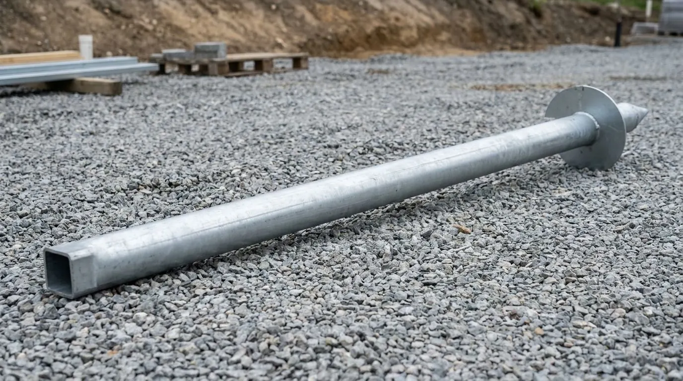 A complete galvanized helical pile laid on gravel showing the smooth shaft and the helix plate at the tip.