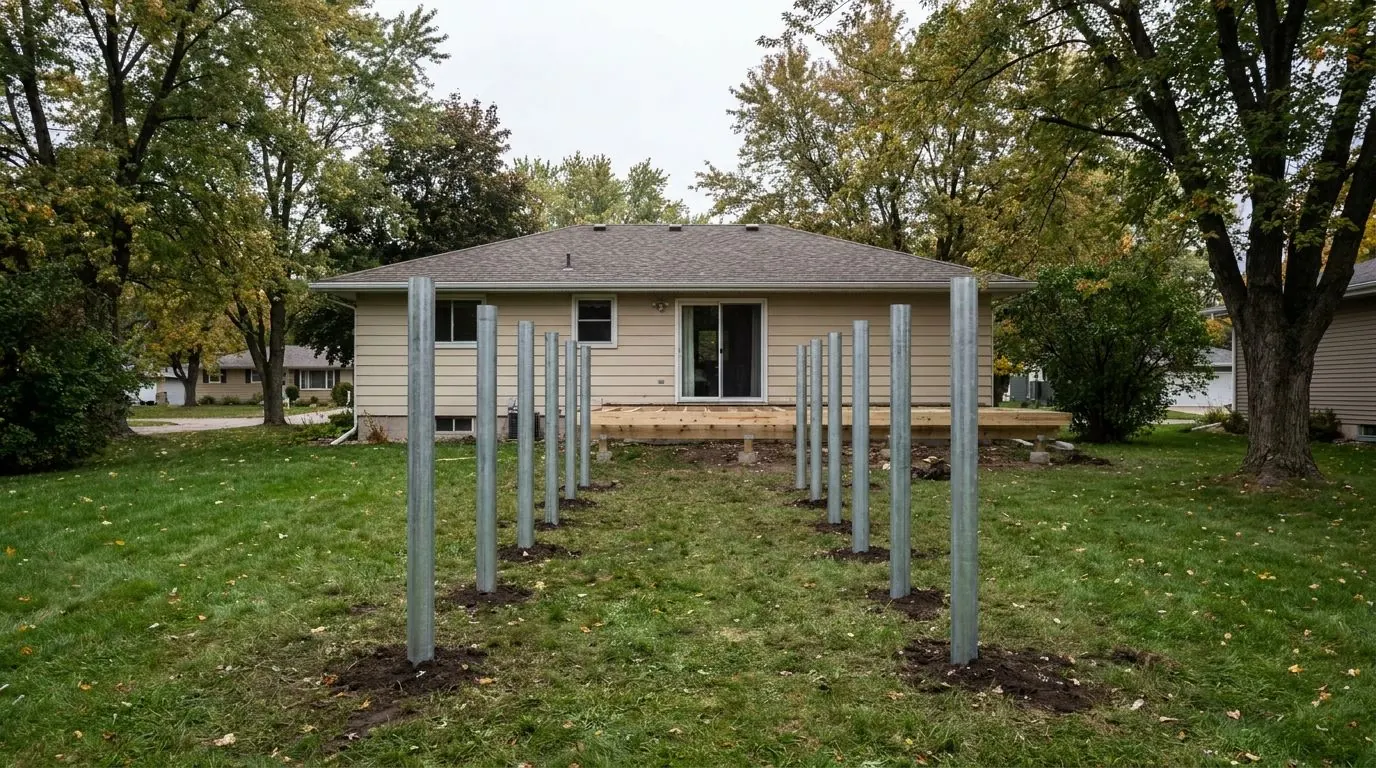 A home addition under construction with its floor structure carried on steel piles.
