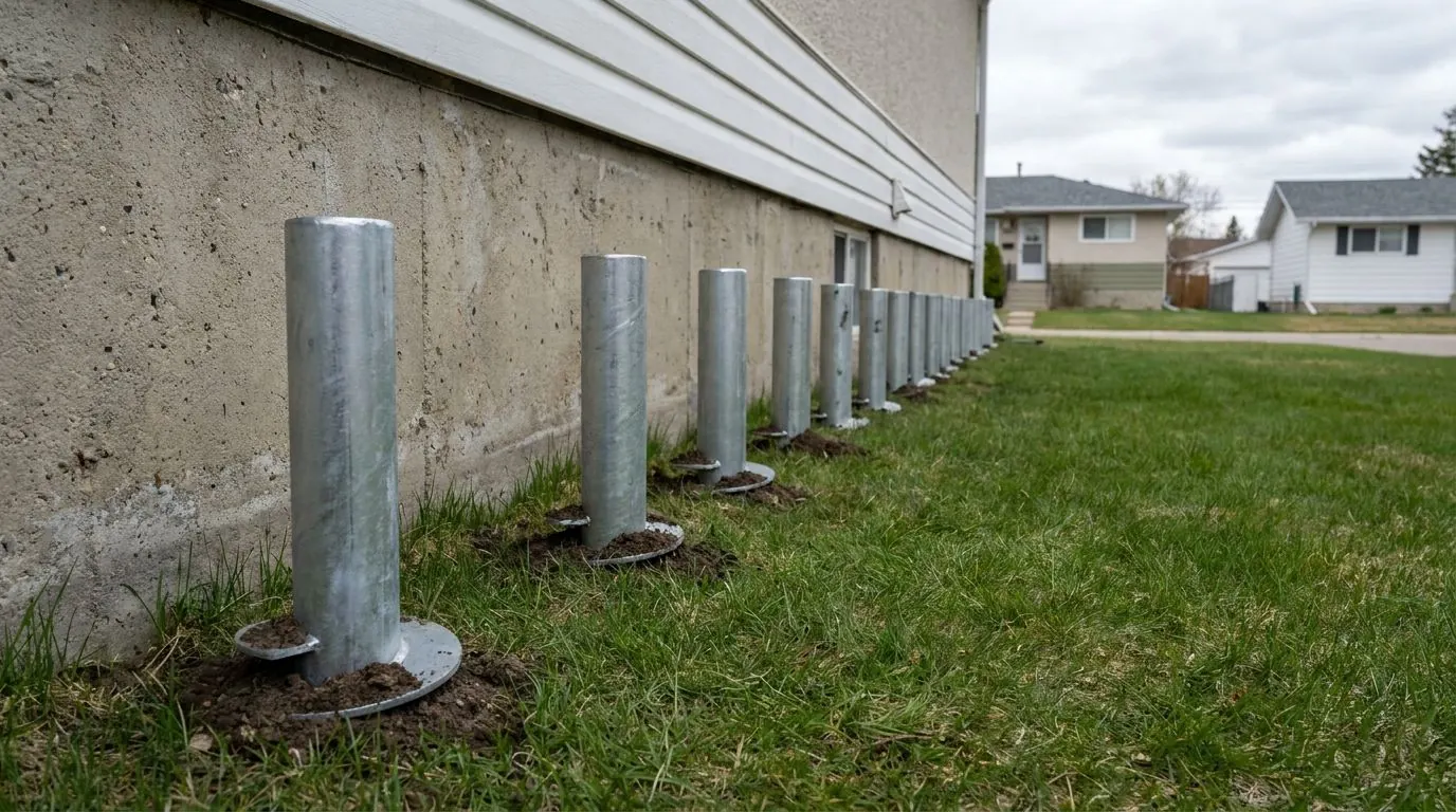 Four widely spaced pile heads set parallel to an existing house foundation, ready to carry a new addition.