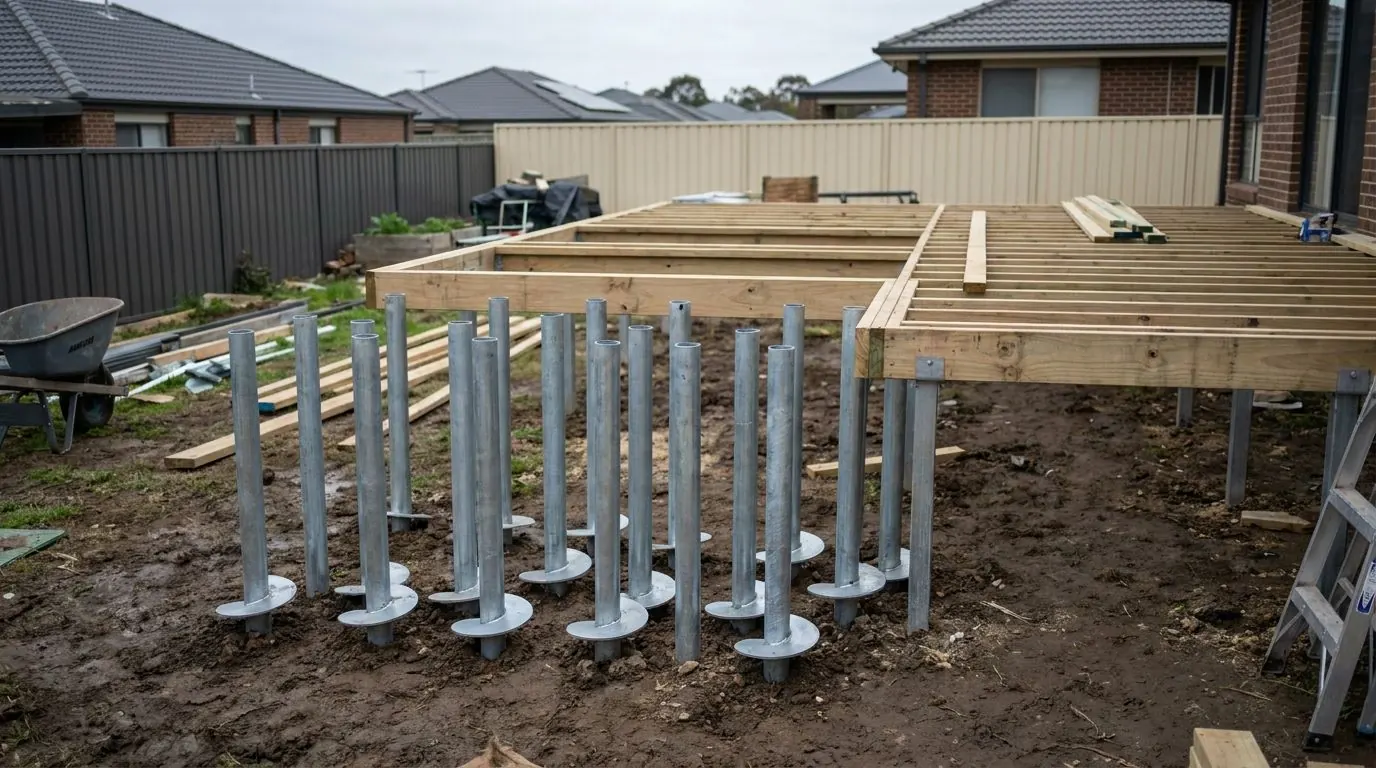 A deck frame where the hot tub bay has piles at closer centres and doubled beams beneath it.