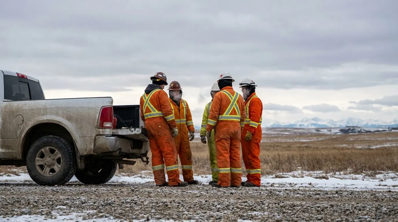 A crew in full personal protective equipment gathered around a tailgate for a pre-job safety meeting.