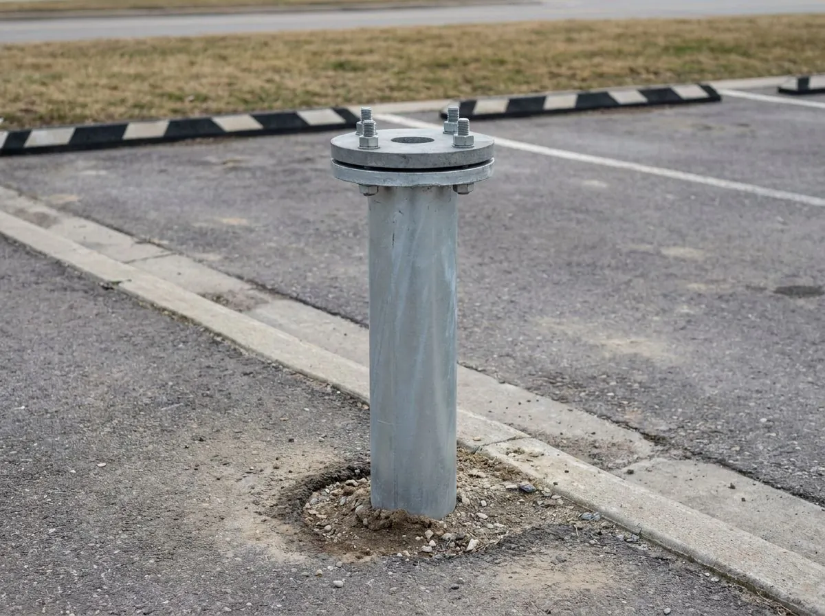A steel pile with a bolted flange plate installed as the base for a parking lot light standard.
