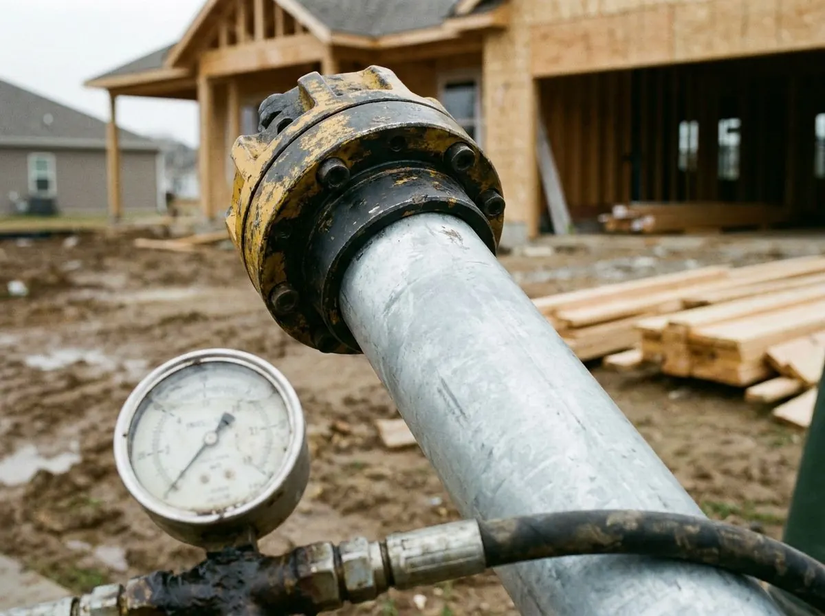 A hydraulic torque drive head coupled to the top of a galvanized pile shaft, with an analogue pressure gauge on the hose in the foreground.
