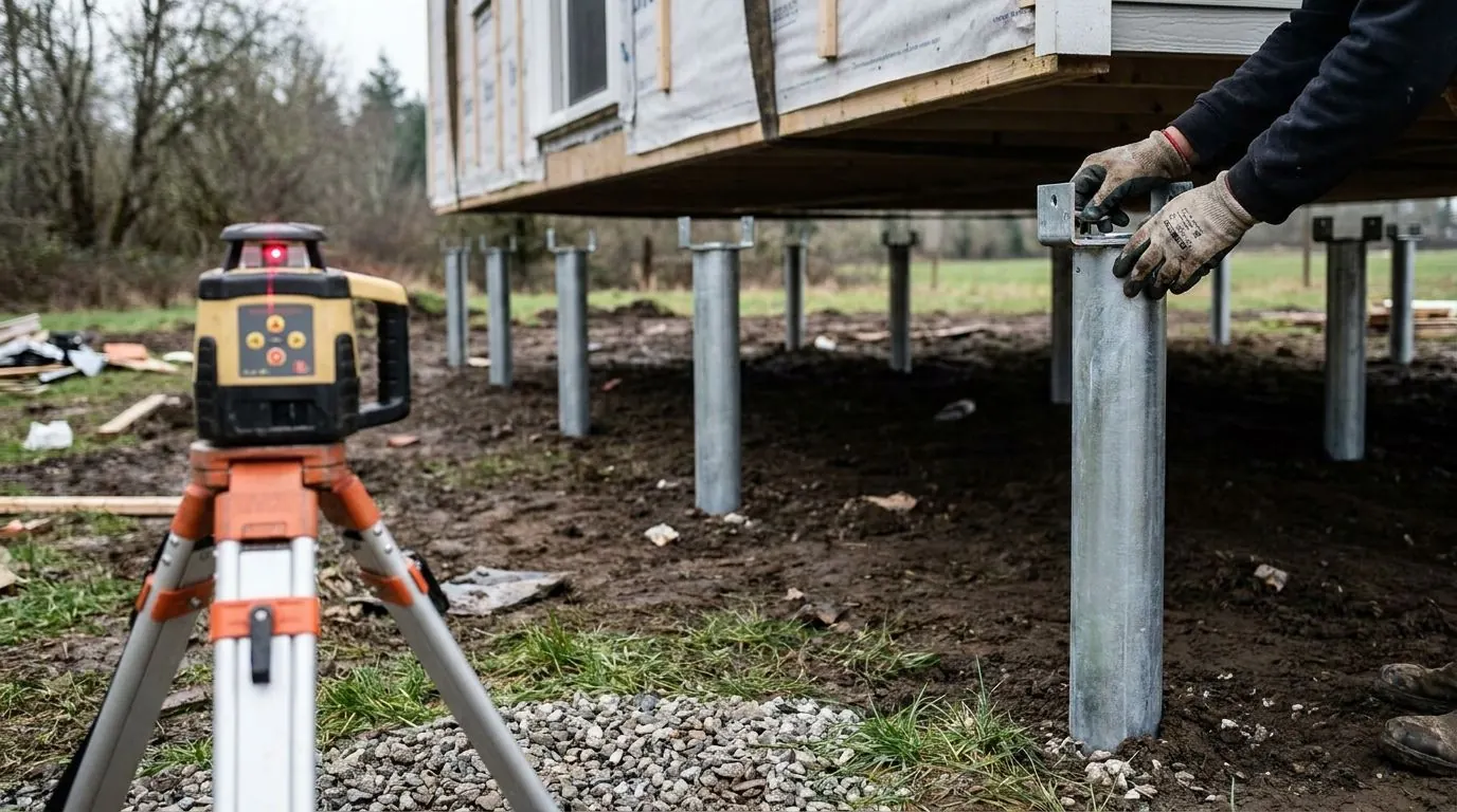 The underside edge of a modular home being lowered onto galvanized steel pile supports, with a rotary laser level on a tripod in the foreground.
