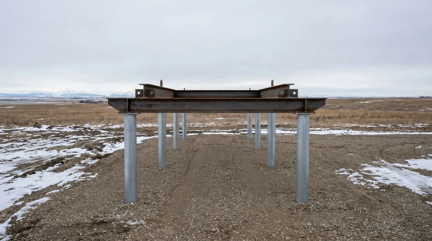 An industrial equipment skid mounted on steel pile supports on a gravel lease pad in Alberta.