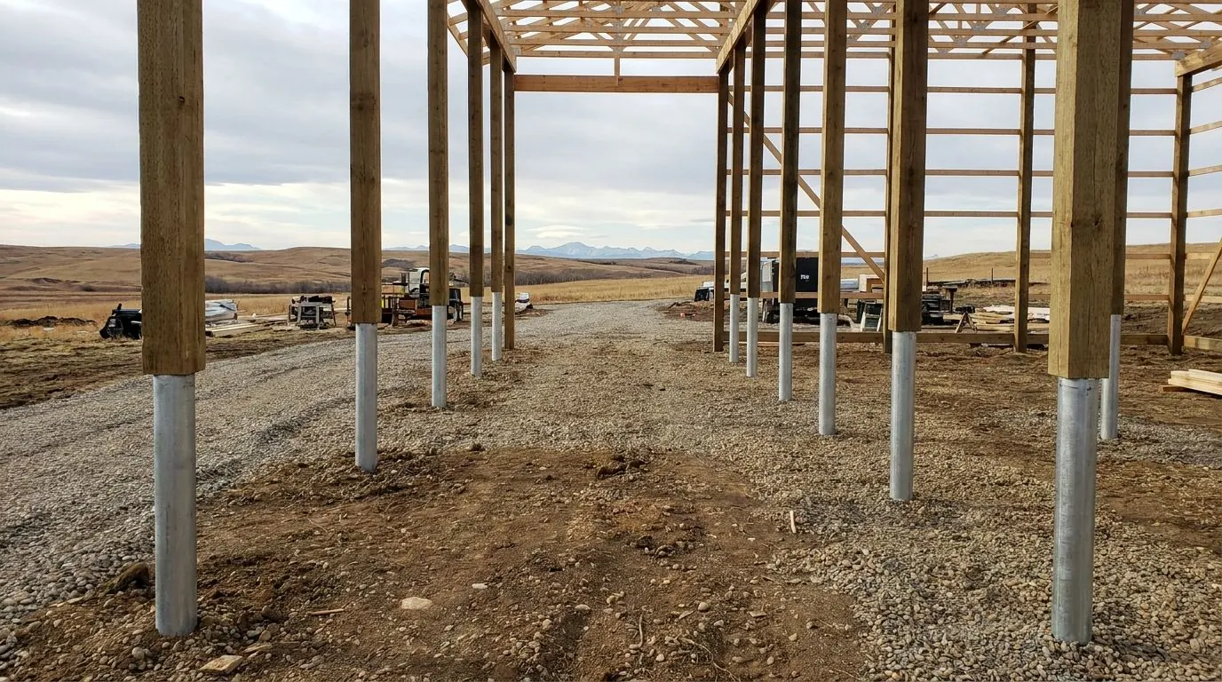 A post-frame shop under construction with its posts standing on steel pile foundations.