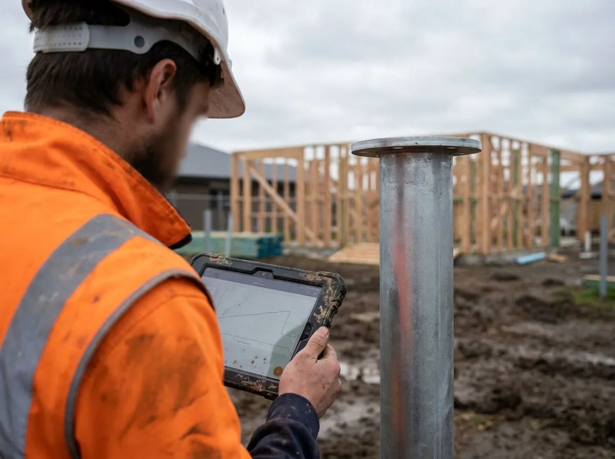 A person in a hi-vis vest and hard hat holds a rugged tablet showing a line chart while standing beside an installed galvanized pile head.