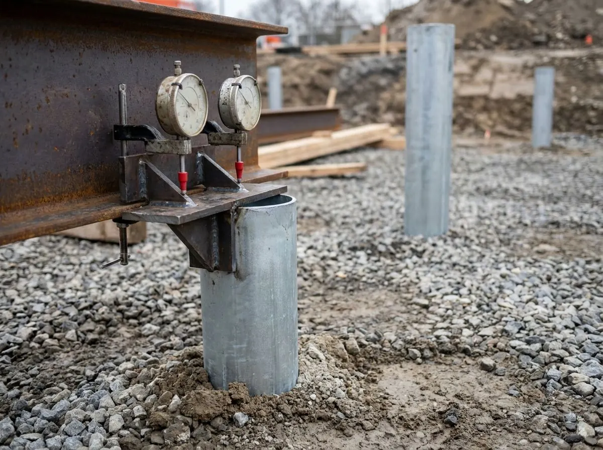 Mechanical dial gauges mounted on a reference beam measuring pile movement during a load test.