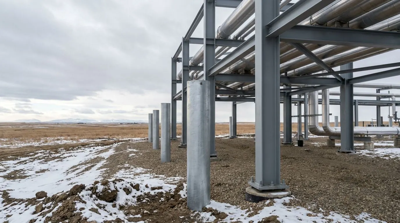 A row of galvanized steel piles carrying the frame of an industrial pipe rack, insulated process piping running along it above a gravel pad.