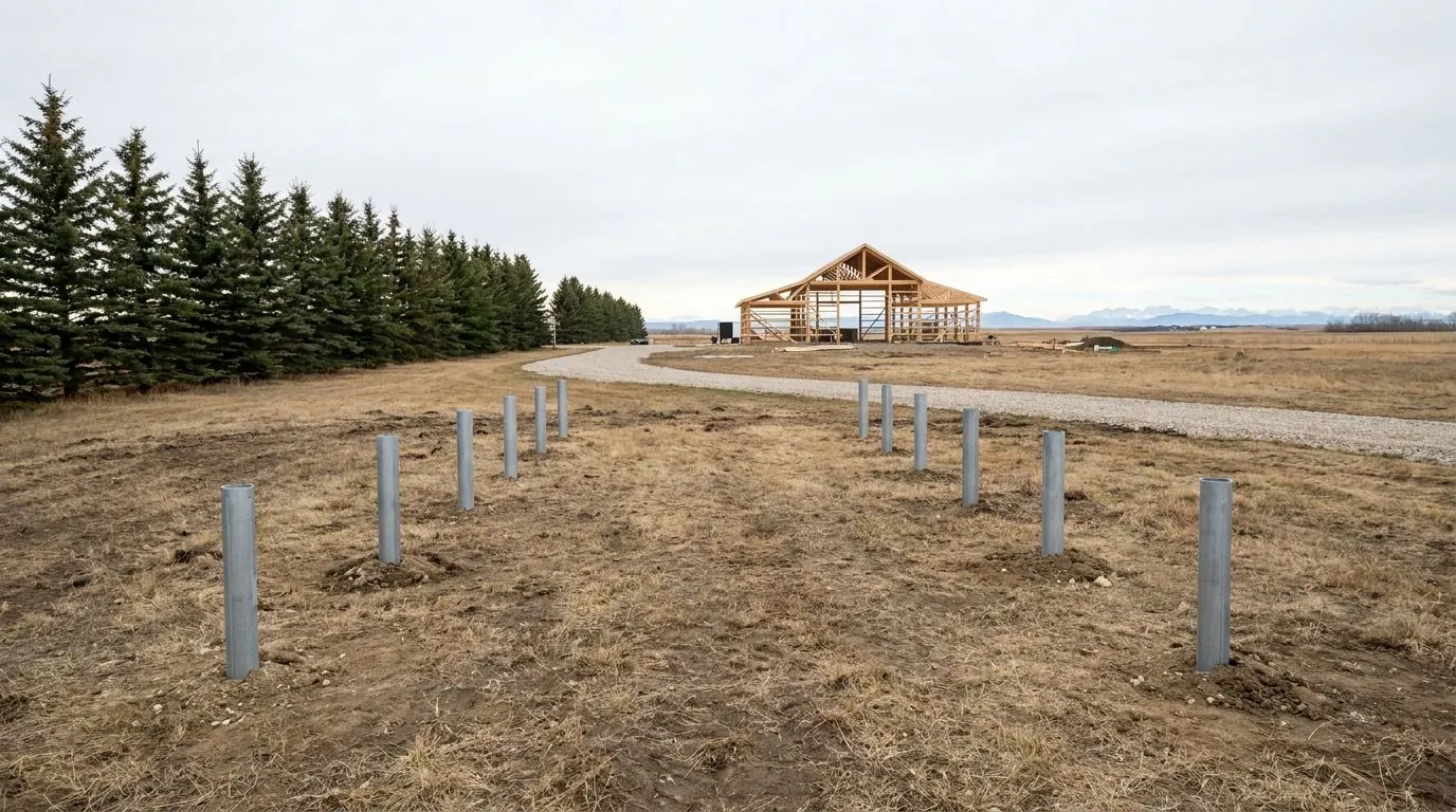 A large acreage building under construction on steel pile foundations with a long gravel driveway.