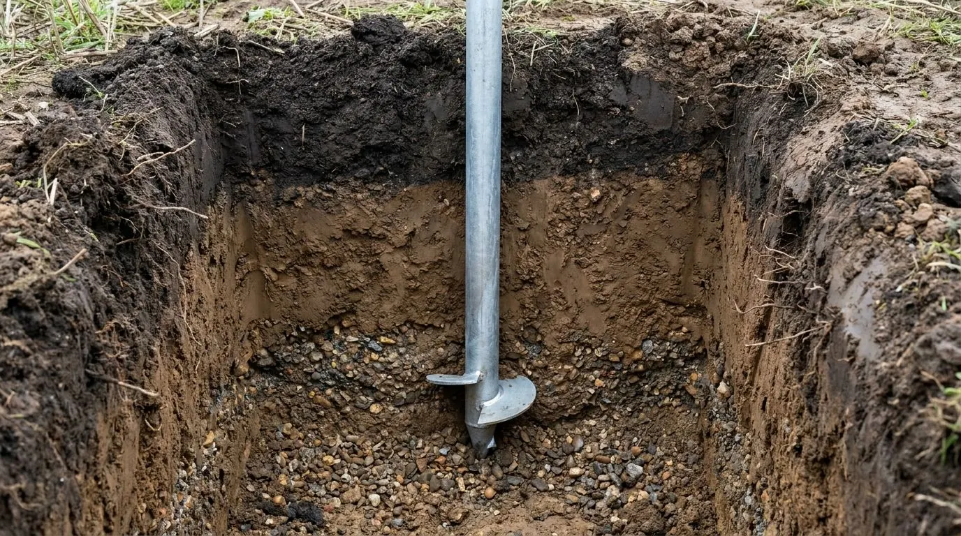 A test pit face showing topsoil over clay over gravel, all within about a metre.