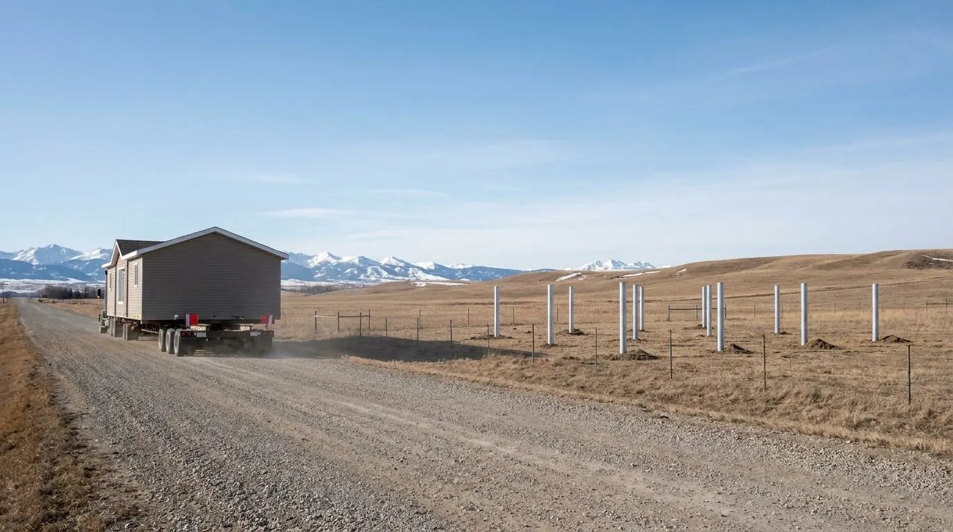 A ready-to-move home on a transport trailer approaching an acreage where pile foundations are already installed.