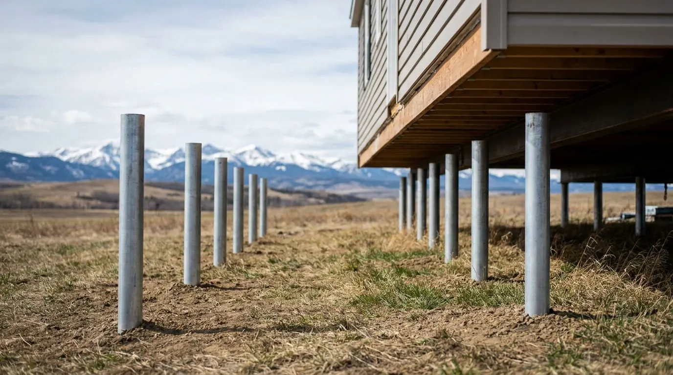 A ready-to-move home resting on a levelled row of galvanized steel piles, skirting not yet fitted so the pile supports show underneath.