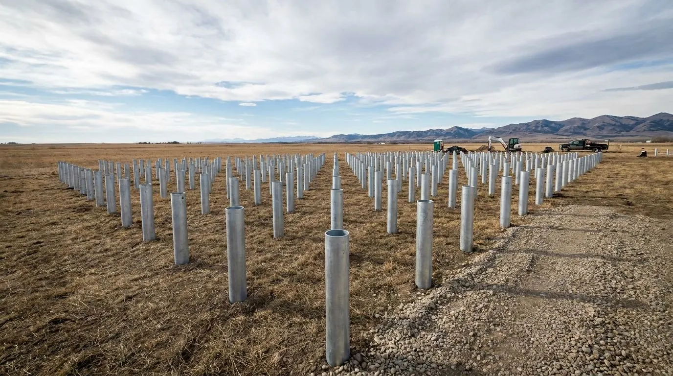 About twenty installed pile heads spaced widely in a rectangular pattern on a rural acreage, ready for a modular home.