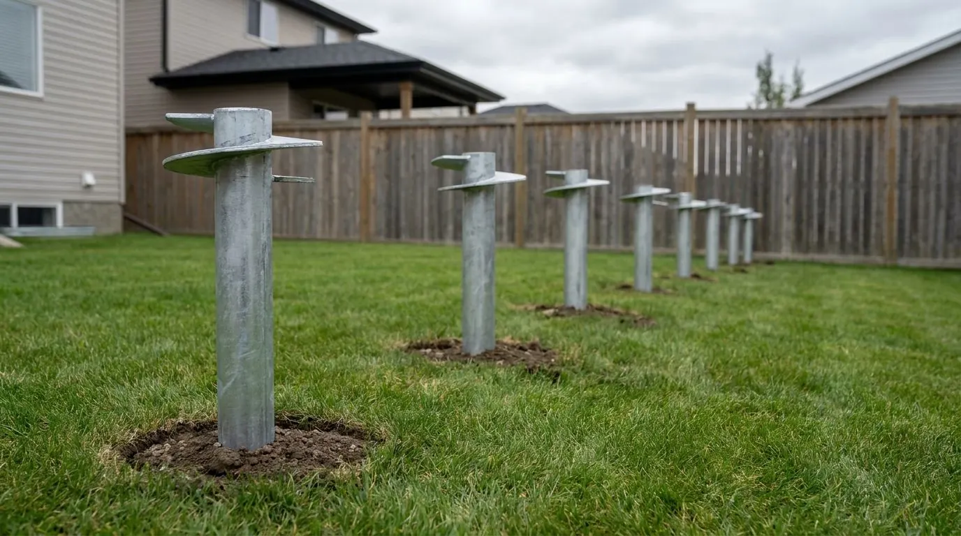 Five galvanized pile heads standing across a completely intact lawn, with no excavation and no heap of spoil anywhere.