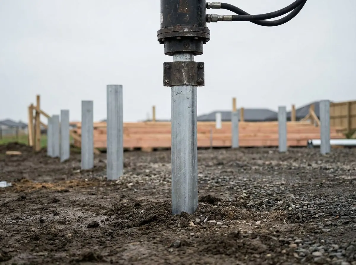 A hydraulic drive head on an excavator arm advancing a vertical galvanized pile shaft into wet ground on a new residential lot, with formwork and houses behind.