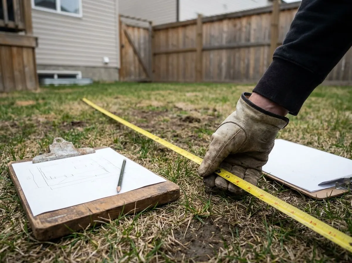 A gloved hand extending a tape measure across a back lawn, beside a clipboard holding a hand-drawn sketch of the yard.